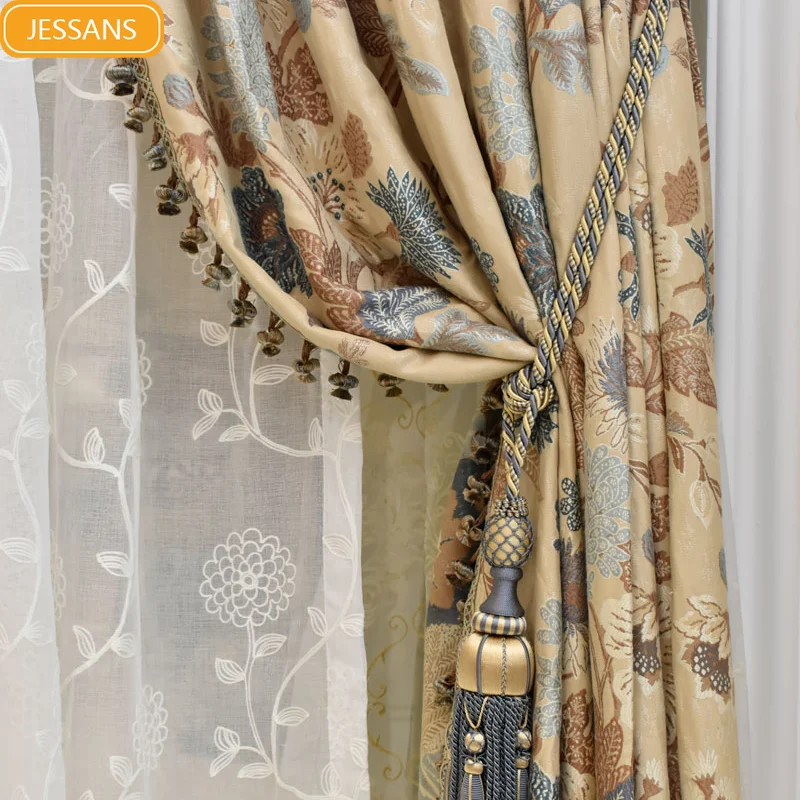 American Retro Thickened Jacquard Cotton Linen Blackout Curtains for Living Room Bedroom French Window Customized Valance