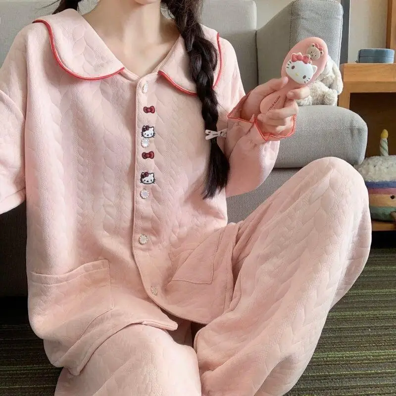 

Autumn Winter Hello Kitty Pajamas Women Cotton Cartoon Thick Warm Loose Sweet Casual Wear Home Loungewear Cute Kawaii Nightwear