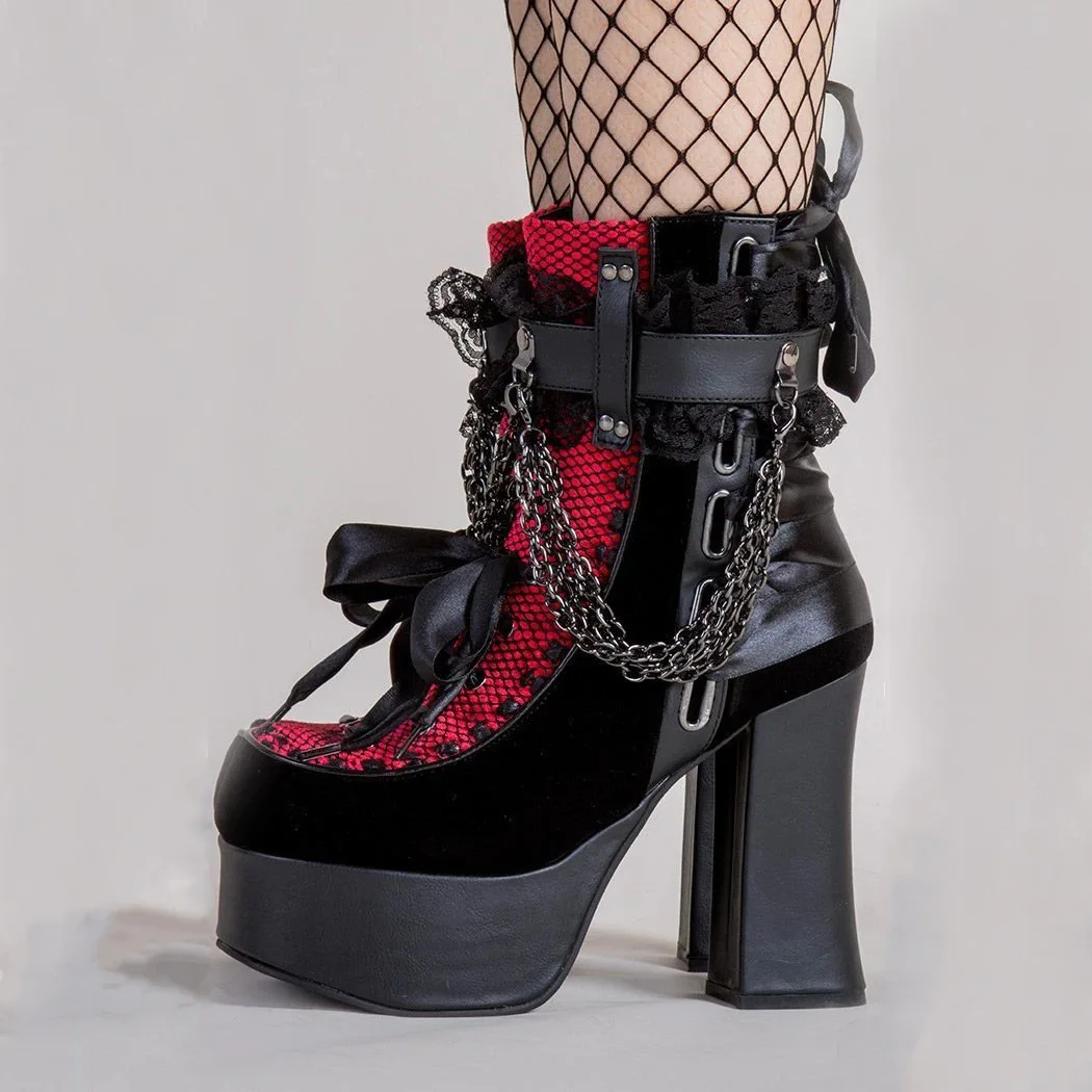 Gothic Ketten-Spitzen-Schleifen-Plateau-Stiefeletten Retro Runde Zehenpartie Quadratischer Absatz Klobige Plateau-Kurzstiefelette Damen Punk Party Schuhe – Detail 5