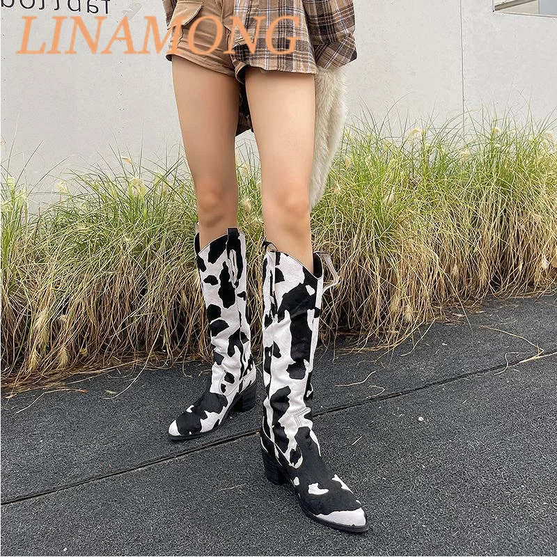 

Cow Patterned Knee Length Boots Fashionable New Style Pointed Toe Thick Heel Horsehair Print Design Runway Knight Boots