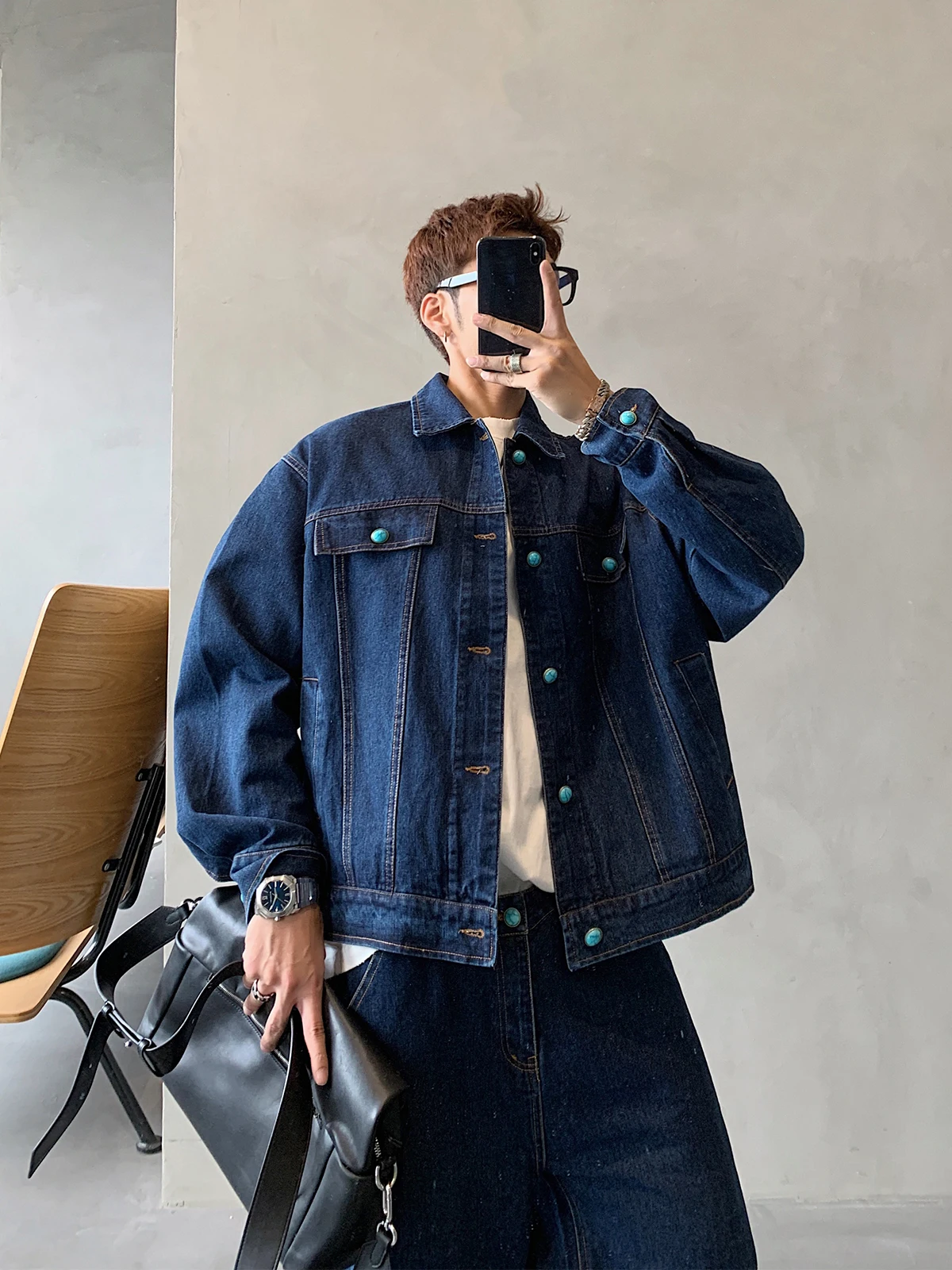 

Retro American Loose Collar Denim Jaet Casual Workwear Top for Men And Women Youthful Vitali Sle Long Sve Pure Color