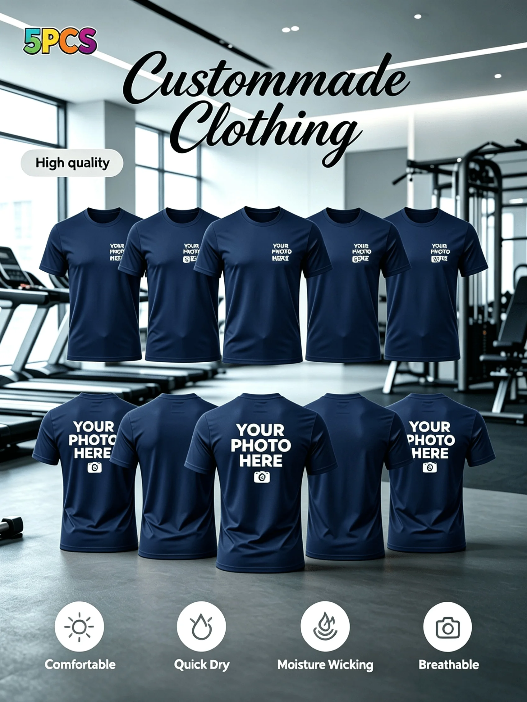 5-Piece Set. Customized Product. Men's Quick-Drying Sports T-Shirt [with Customizable Logo/Pattern] - Lightweight, Breathable image 6