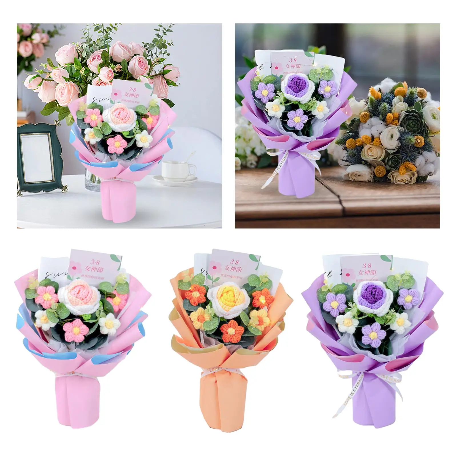 Handgemachte gestrickte Häkel strauß Wohnkultur, Strick blume Rosen strauß, Tisch