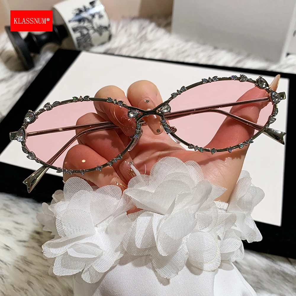 KLASSNUM Rhinestone Oval Metal Frame Sunglasses Women Y2K Luxury Decorative Sun Glasses UV400 Lnes Sun Shades Cosplay Eyewear