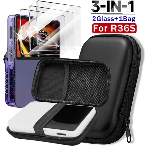 Estuche de almacenamiento de transporte 3 en 1 con protectores de pantalla de vidrio templado para consola de juegos R36S, Kit de protectores, bolsa antiarañazos + películas