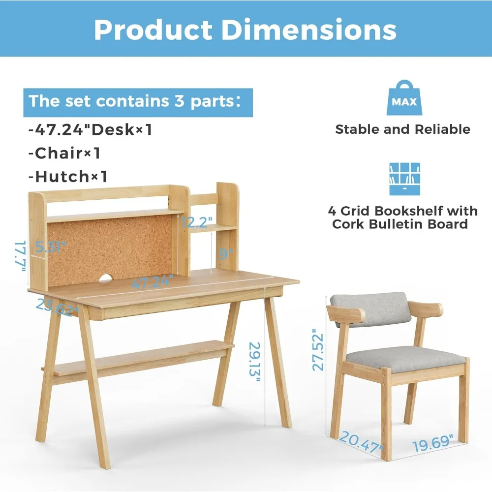 Meja dan kursi anak-anak, Meja Hutch dengan papan buletin gabus, meja tulis kayu untuk anak-anak, cocok untuk ruang belajar, kamar tidur