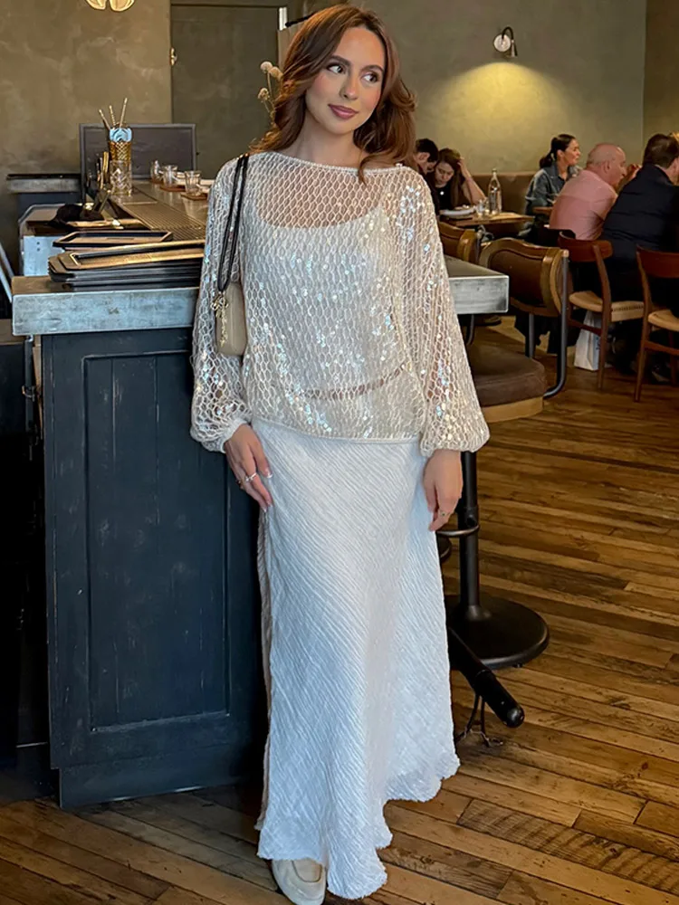 

2026 New Casual Beach Blouses See Through Hollow Out Sequin Knit Pullover Women Chic Round Collar Loose Full Sleeve Top