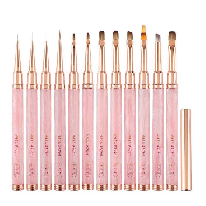 1/12個入り ピンク アクリルネイルブラシ ジェルブラシ マニキュア用 アクリル UVジェル エクステンションペン ネイルポリッシュ ペイント 描画ブラシ ライナー