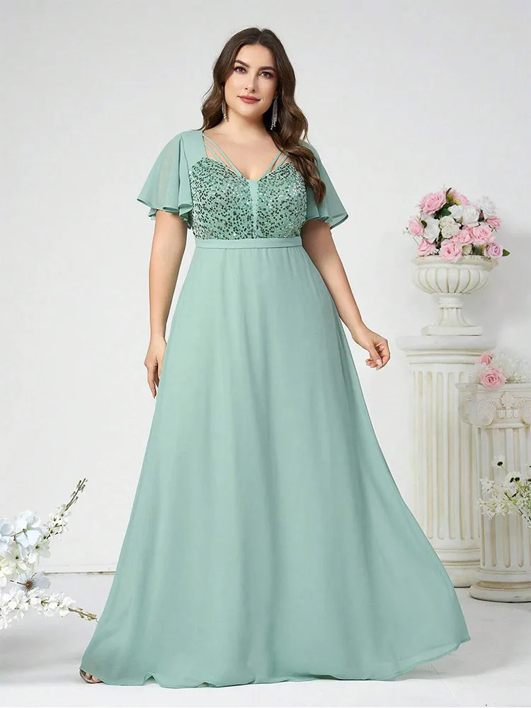 Plus size V-neck chiffon glitter bridesmaid floor-length evening dress 4XL 5XL Big Size evening glitter chiffon Prom Gown Women