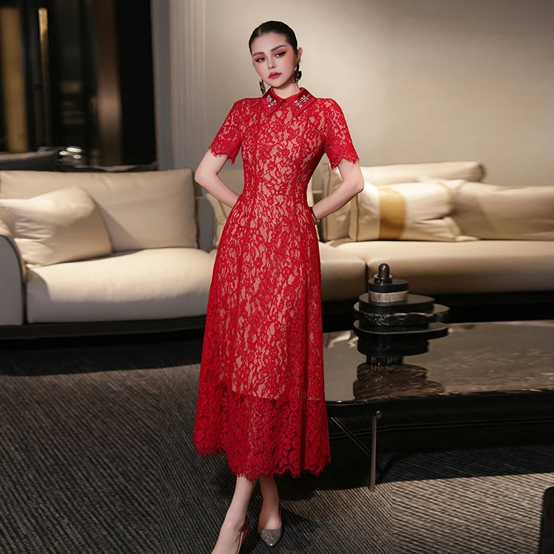 

ZJYT New Designer Summer Long Maxi Lace Dress Short Sleeve Beaded Turn down Collar Red Blue Luxury Evening Party Gown for Women