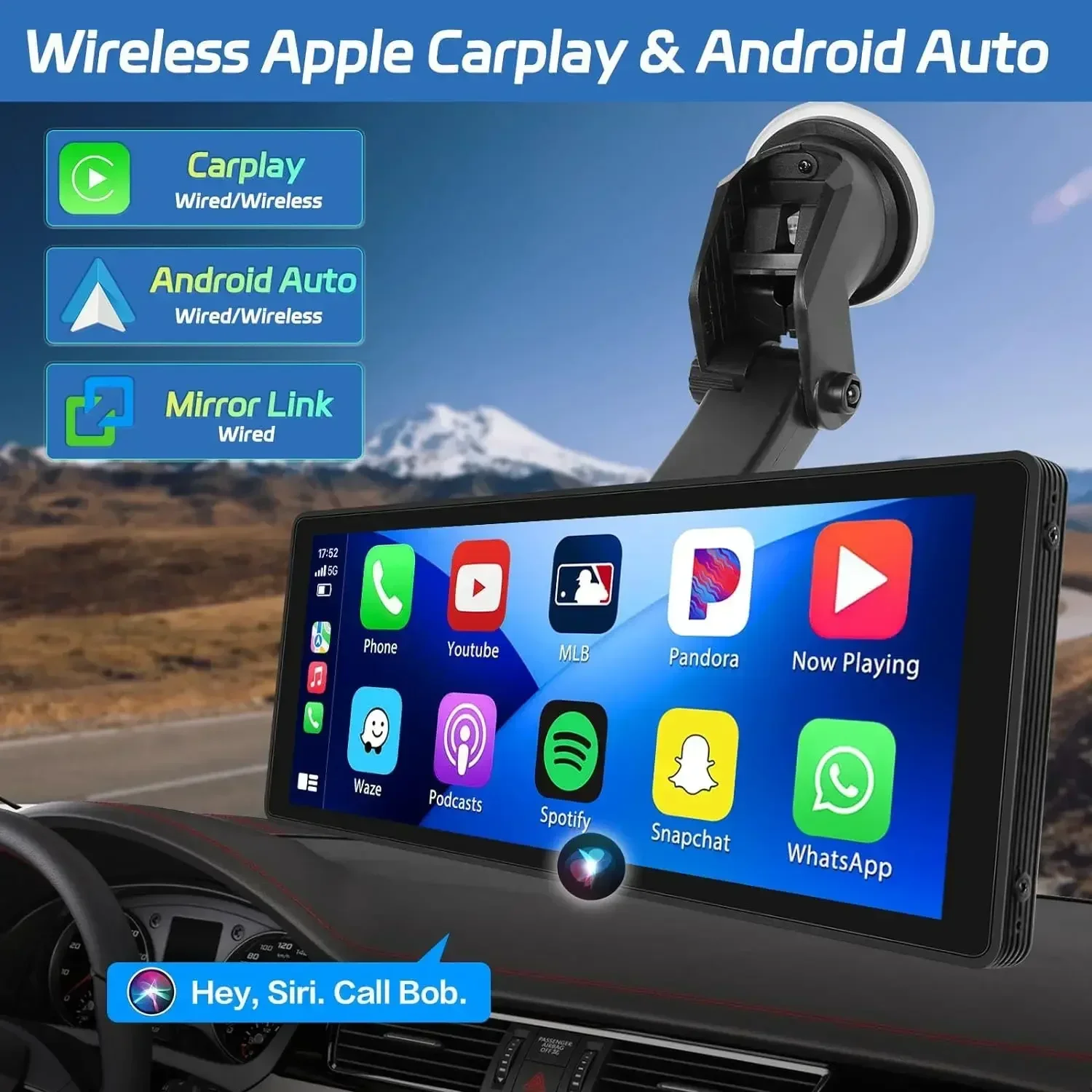 10.26'' Portable Wireless Carplay Screen with HD Rear Backup Camera,Car Radio with DVR MP5 Multimedia Video Player Android Auto