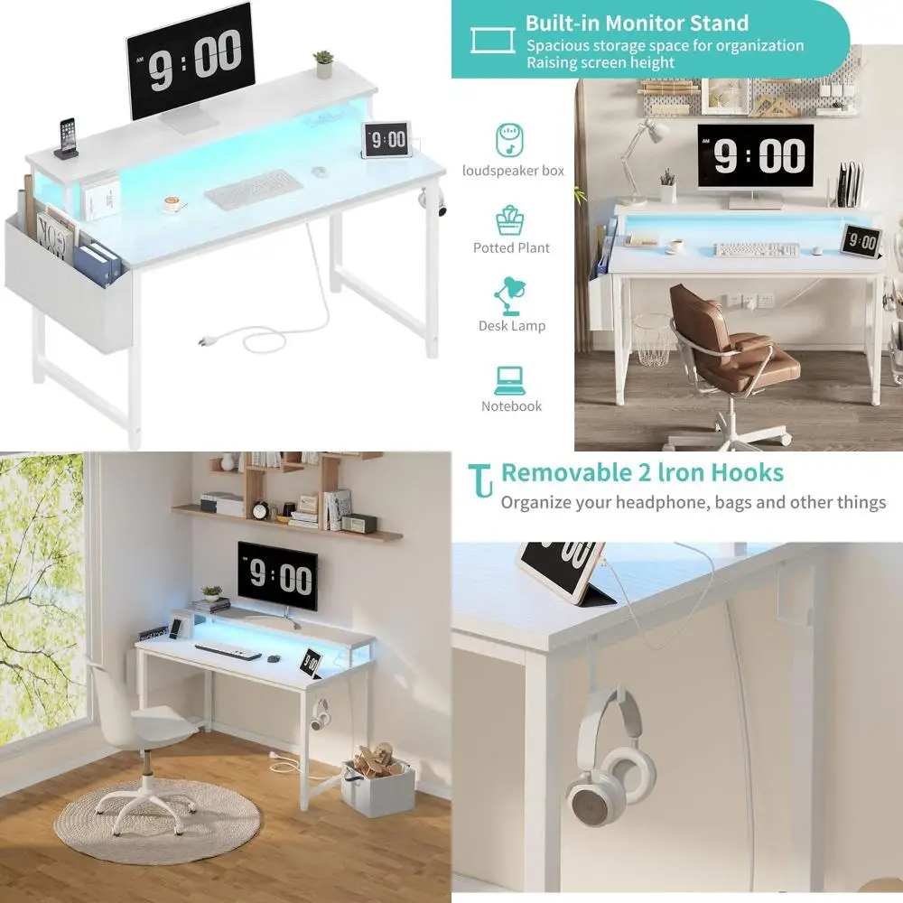 

LED-lit 40 White Computer Desk with Power Outlets, Monitor Stand, and Charging Station for Teens' Study and Gaming
