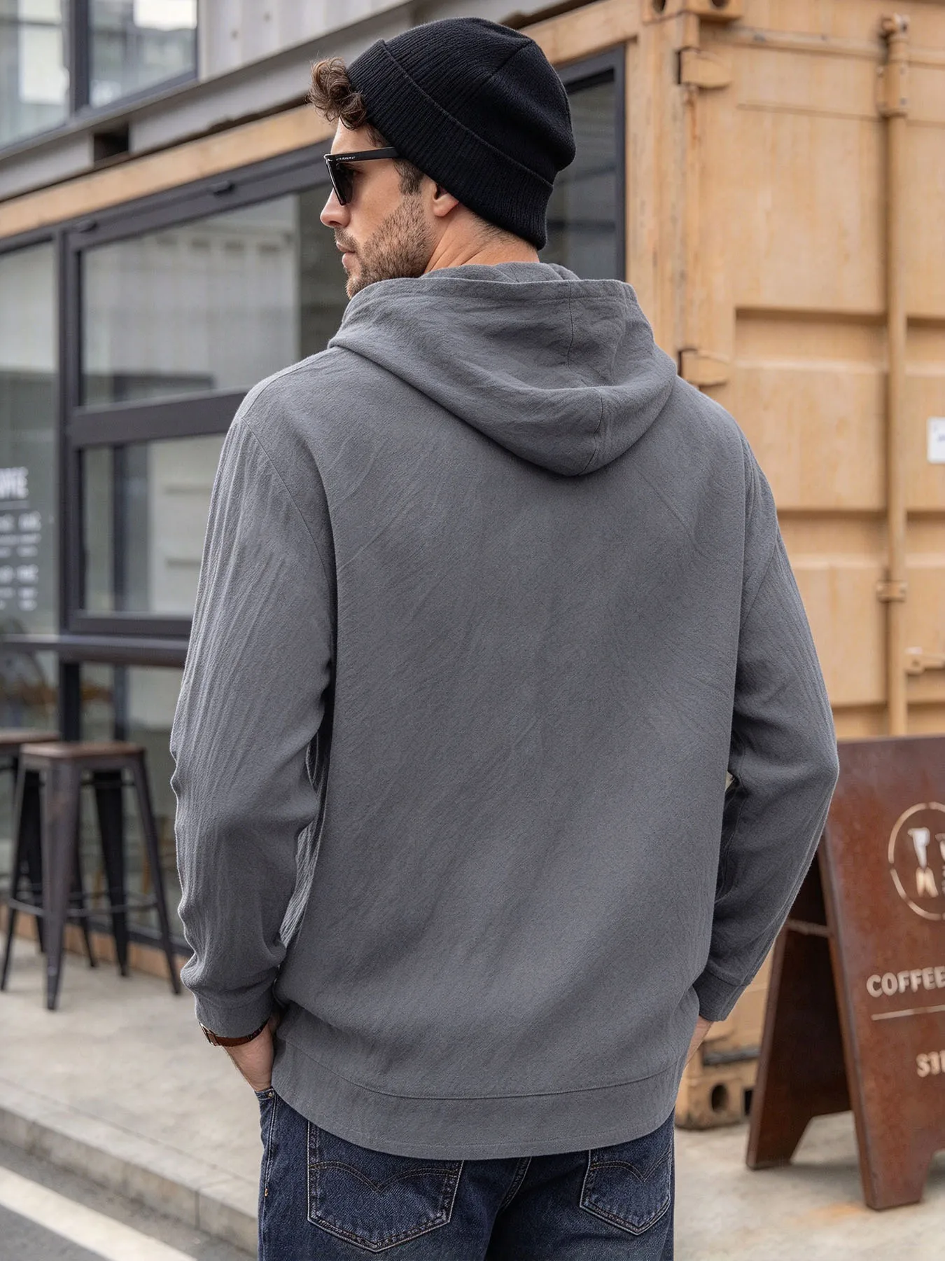 Men's Cotton Linen Texture Hoodie Long Sleeve Pullover Solid Color Kangaroo Pocket Casual Lightweight Fashion Streetwear