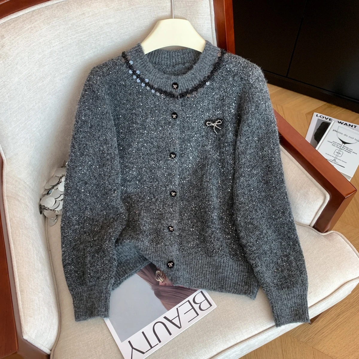 

Женский серый кардиган с бантом, свитер Y2k, винтажный элегантный джемпер 2000-х годов, вязаный свитер с длинными рукавами, корейский свитер с блестками, осень-зима 2025