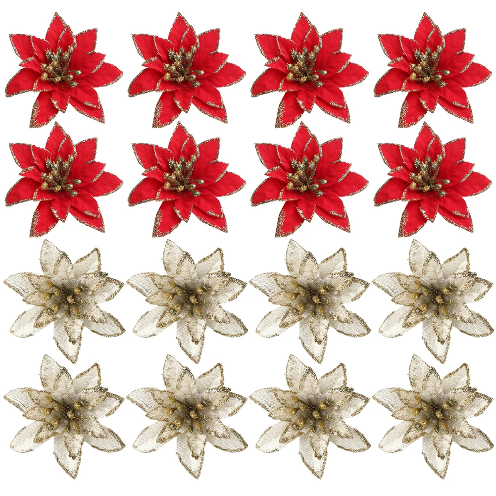 

24Pcs Christmas Tree Glitter Flowers Artificial 8Cm Silk Christmas Flower Decorations Reusable Ornaments Photo Props Party