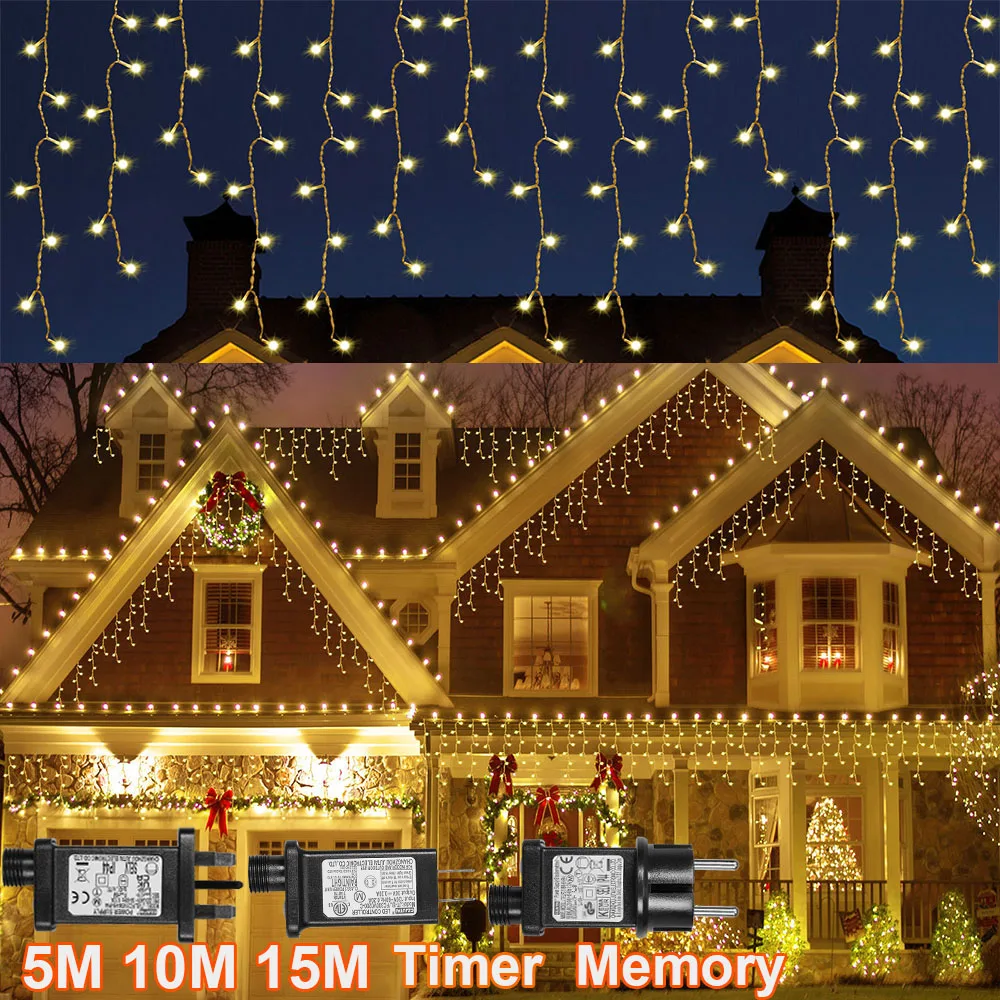 Memory LED Festoon Icicle String Lights Droop Timer Winter Eave Window Garland Christmas Lights Outdoor Wedding Party Decoration