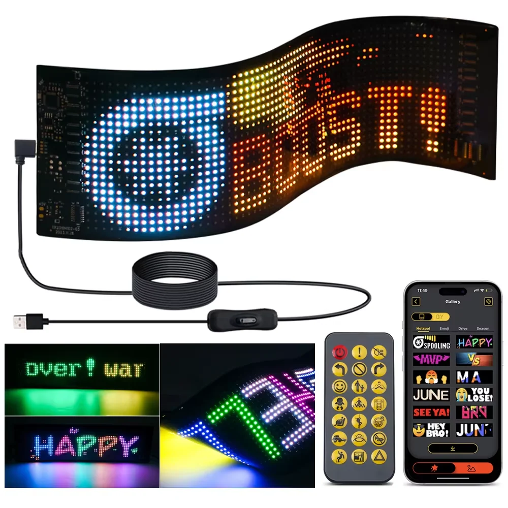 LED Matrix Pixel Panel Scrolling Bright Advertising Car Sign Customizable DIY USB APP Bluetooth 5V RGB Pattern Animation Display