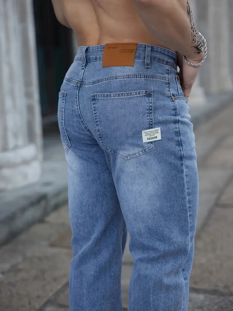 Лето 2022, тонкие мужские эластичные мешковатые джинсы с эластичной резинкой на талии и вышивкой, деловые повседневные прямые джинсовые брюки, классический стиль, мужские