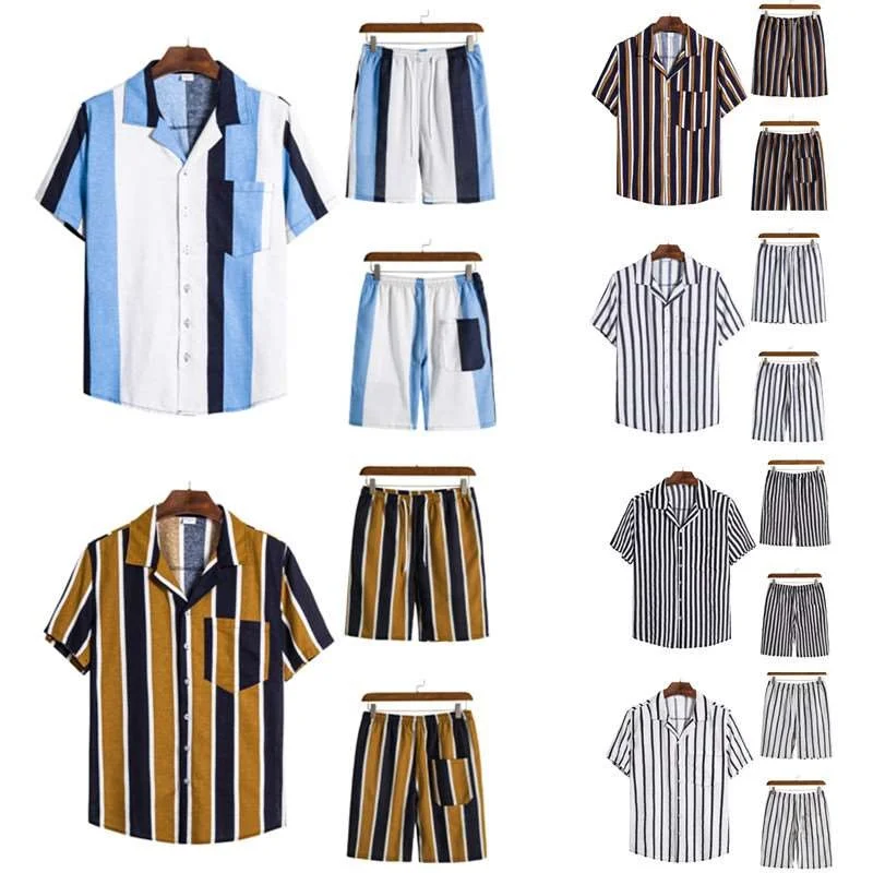 

New Men's Cotton Linen Striped irt orts Beach Summer Faion Casual Comfortable Breathable Clothing Set