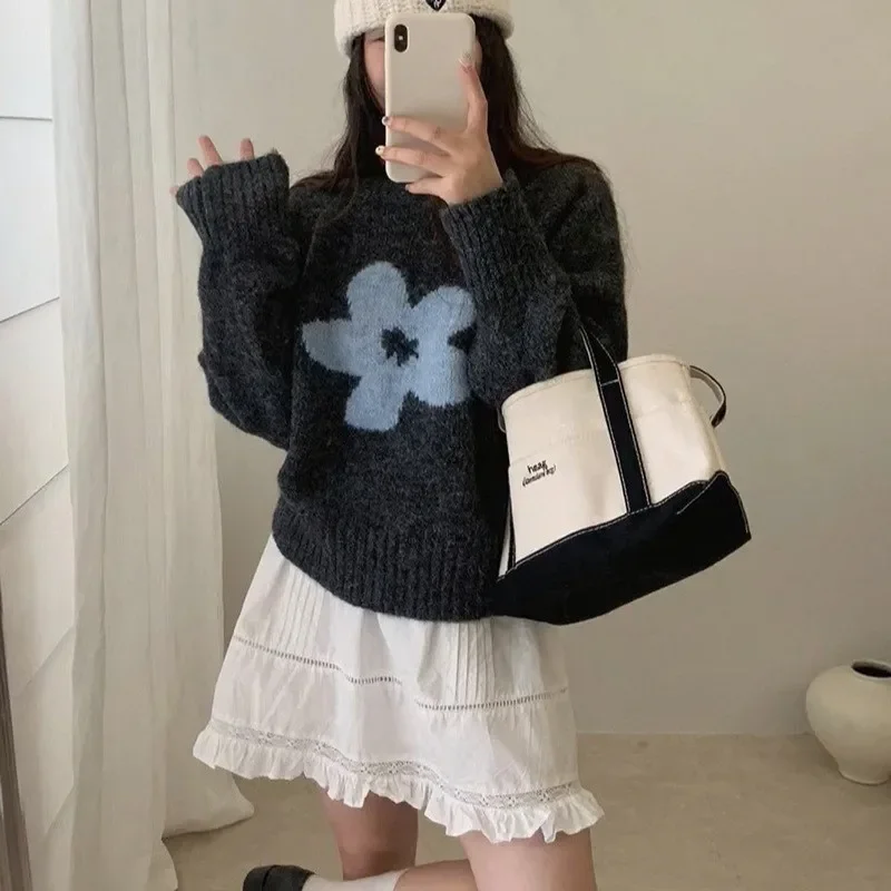 Autumn All-match Loose Simple Style Sweater Winter Clothes Woman Pulls Femmes Comfortable Sweet Casual Flower Commuting Printed