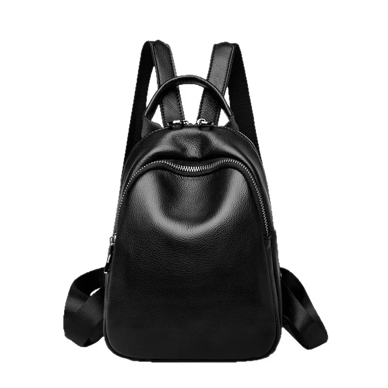 Women Black Genuine Cowhide Leather Backpack Anti Theft Hidden Zipper Convertible Shoulder Bag with Front Pocket for Daily