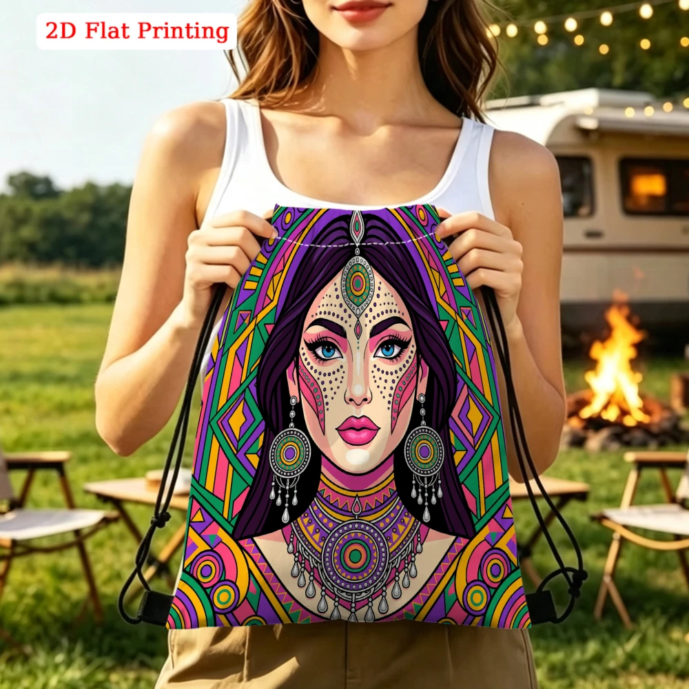 Bohemian Style, Drawstring Backpack, Colorful Geometric Woman Portrait Print, Gym Sports Bag, Outdoor Travel Cinch Sack