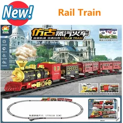 Electric Track Train Set  Model  Spray Classical Steam Train with Sound Locomotive Children Toy For Boy Christmas Gifts