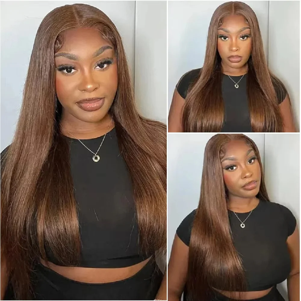 วิกผมตรงสีน้ำตาลช็อกโกแลตแบบลูกไม้ด้านหน้า 13x4 ผมแท้ 100% วิกผมลูกไม้ด้านหน้าแบบใส HD 13x6  ถอนขนมาแล้ว ความหนาแน่น 200%