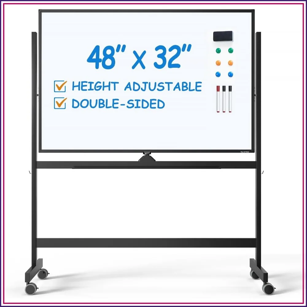 

Large Rolling Whiteboard 48x32 Inches Height Adjustable Double Sided Magnetic Dry Erase Board on Wheels for Office Home Classroom