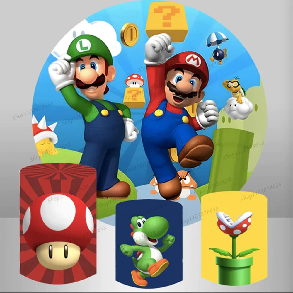 

Backdrop Super Marios Bros Theme Round Covers Boys Birthday Party Background Decor Baby Shower Plinth Cylinder Elastic Banner