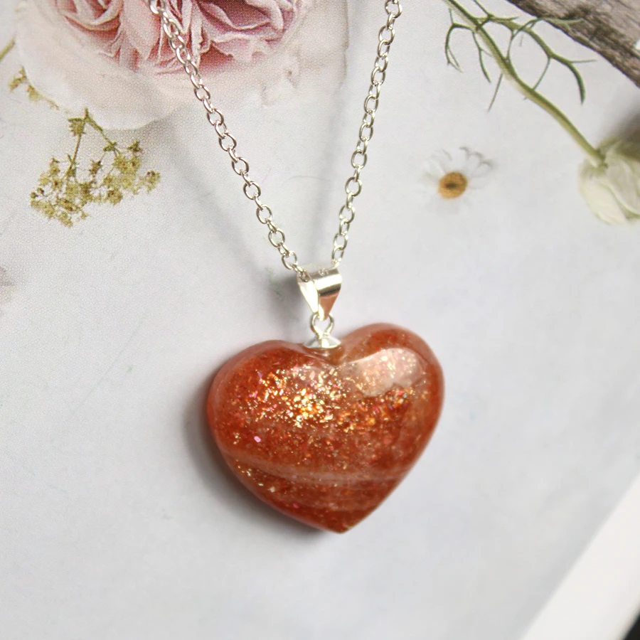 925 Silver Buckle With Quality Natural Sunstone Crystal Healing Heart Shape Gemstone Pendant Special Jewelry For Gift