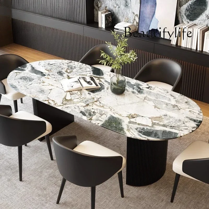 BJ Household Italian High-end Light Luxury With Round Luxury Stone Solid Wood Imported Natural Marble Dining Table Rectangular