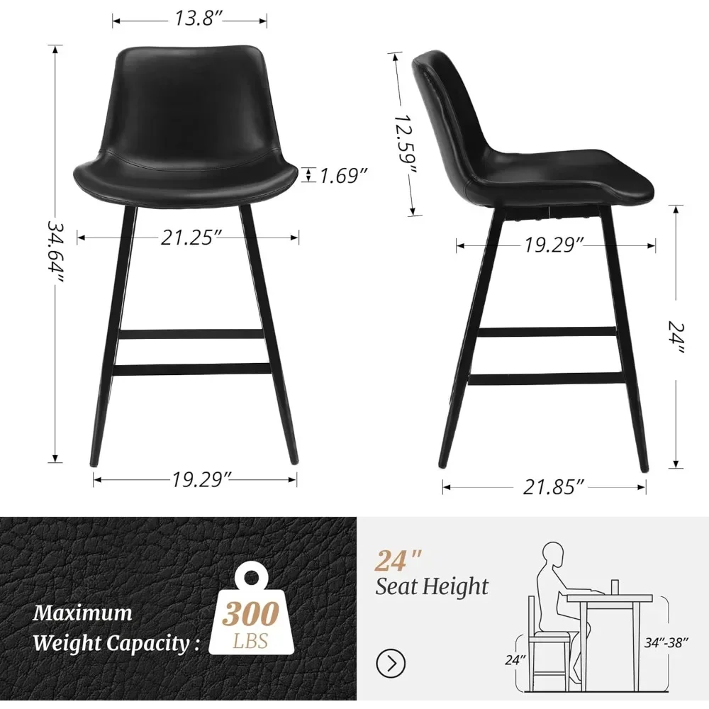 24 inch Counter Stool, Modern Bucket Barstool Set of 3, Barstools with Back and Footrest, Faux Leather Bar Stools for Kitchen