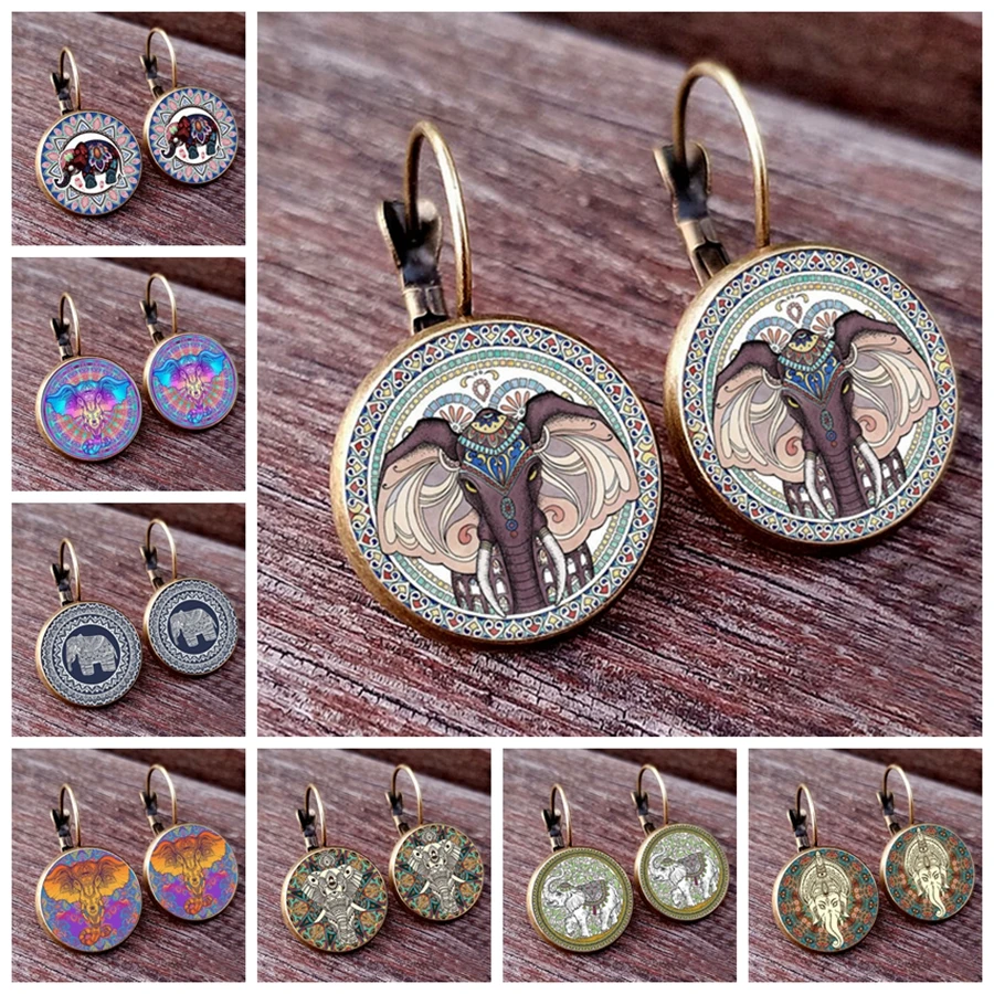 New Charming Elephant Earrings Indian Ganesha Wisdom God Meditation Buddha Statue Glass dome Earrings Women's Jewelry Earhooks