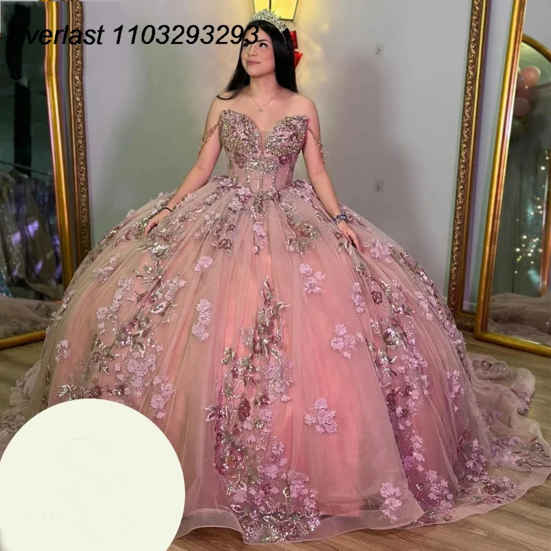 EVLAST-Vestido Quinceanera Rosa Brilho, Apliques Floral 3D, Espartilho México, Vestido de Baile Doce 16, TQD293, 15 Anos