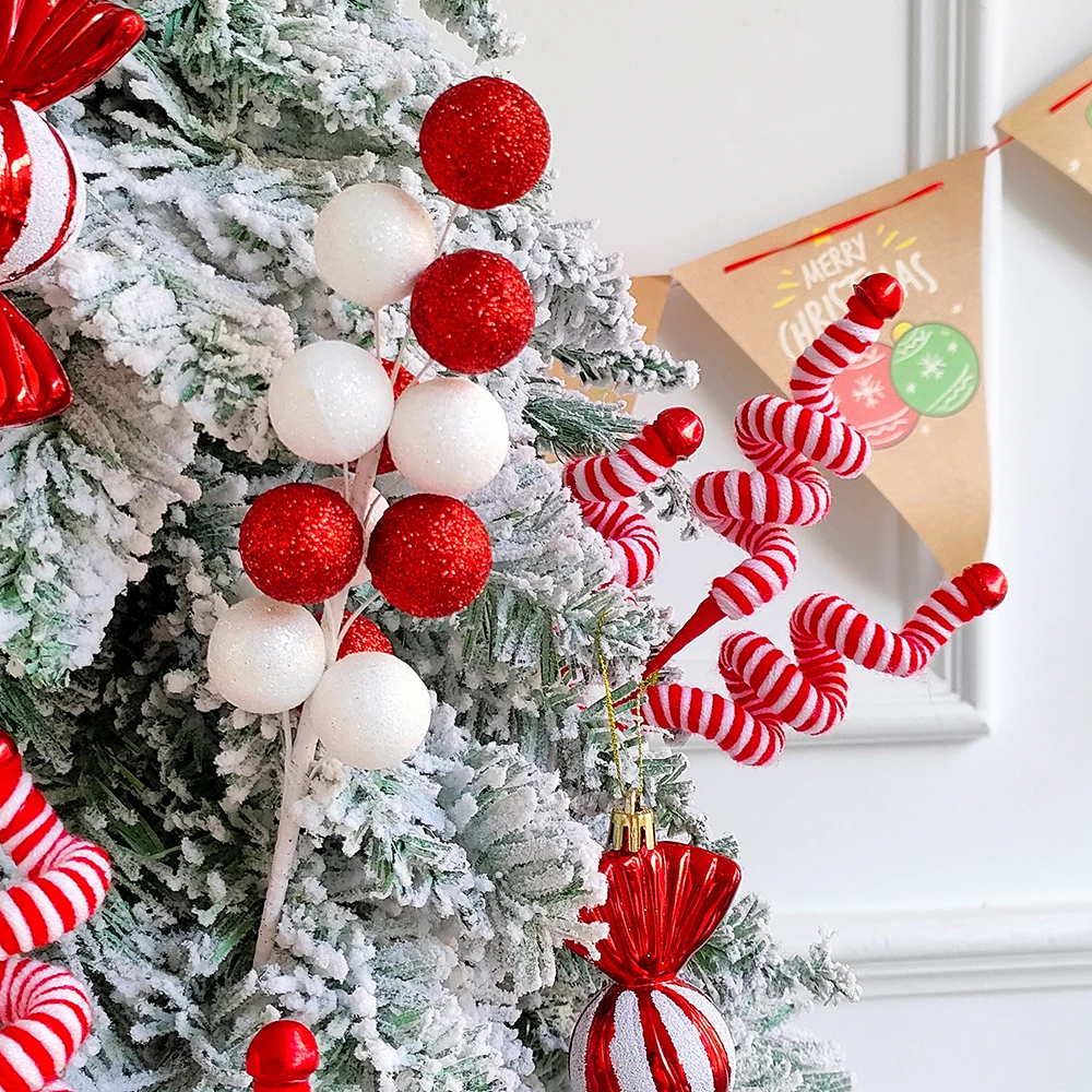 Ramo de bolas rojas y blancas, ramas de lana a rayas, adornos navideños, recortes para el hogar, regalos de Año Nuevo, decoración navideña, 1 ud.