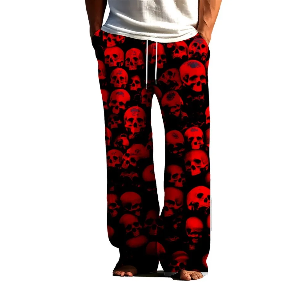 2024 men's skull 3D printed pajamas, loose, comfortable, skin-friendly drawstring pajamas, suitable for all seasons