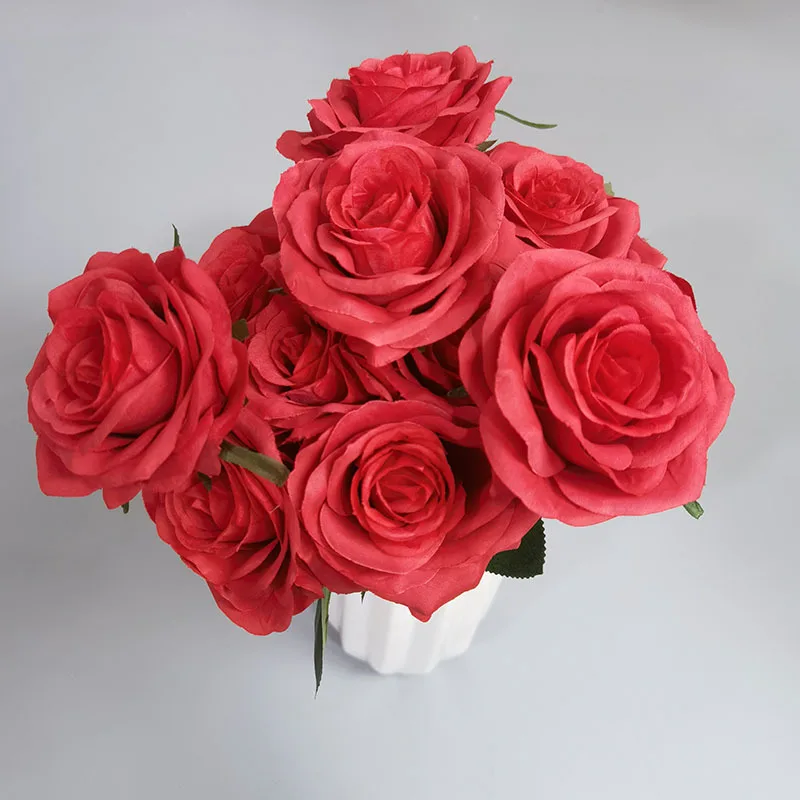 9Heads Roses Bouquet Artificial Flower red dark red wine red Rose Fake Rose Living Room  Decoration Wedding