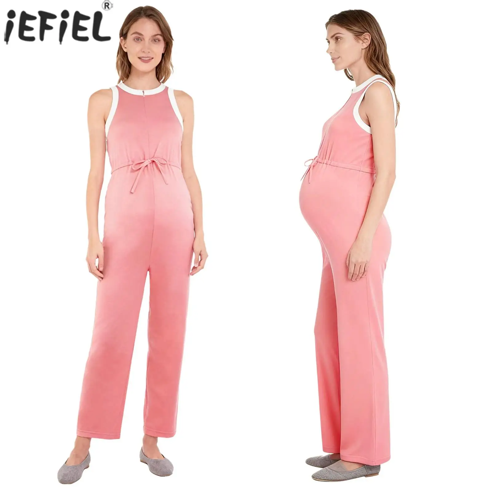 

Женские комбинезоны для беременных, повседневные боди без рукавов на молнии спереди с завязками на талии и карманами, одежда для беременных