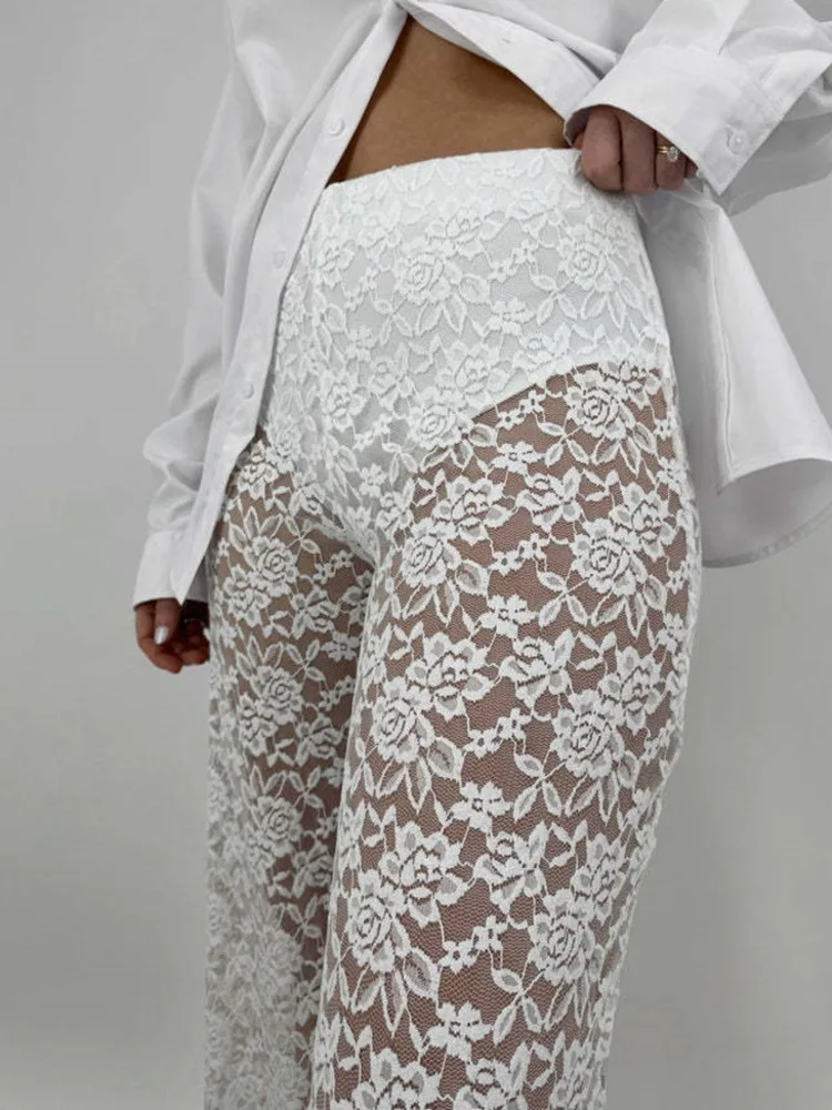 JULISSA MO 2023 Summer See Through Lace High Waist Pants For Women Wide Leg Baggy Trousers Solid Fashion Straight Casual