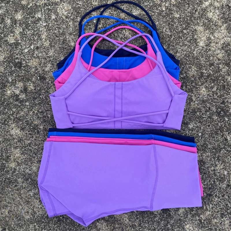 

Solid Color gym bike Yoga Set short Legging +cross sport bra Tracksuit Athletic Women Gym Suit Comprehensive Training Jogging