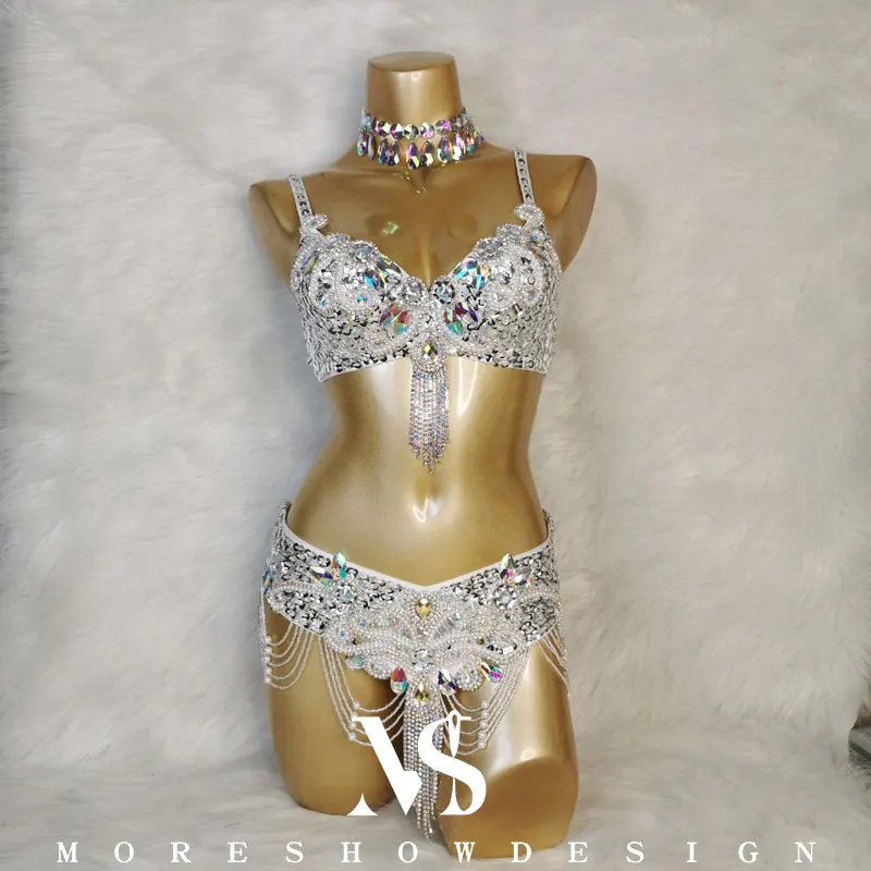 Belly Dance Sexy Costume Set Bra + Belt 2 Pieces Set for Women Handmade Sequins for Night Club Oriental Performance Props