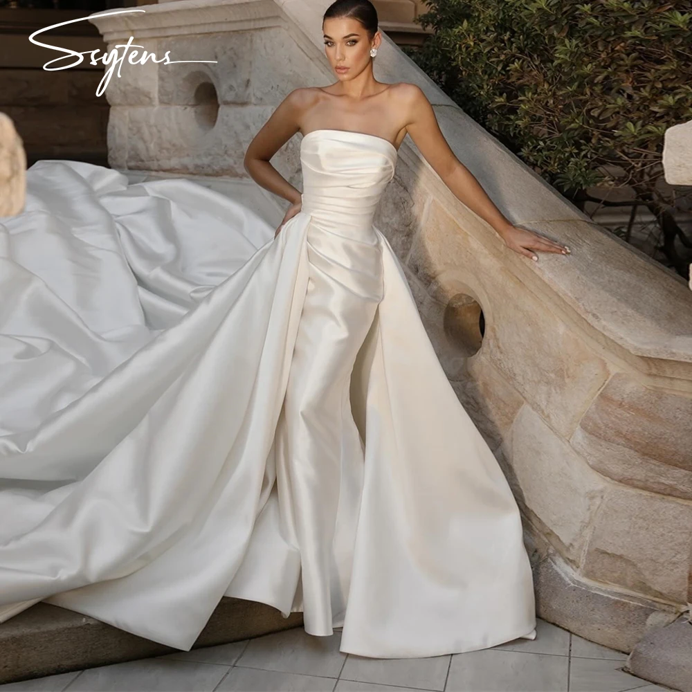 Elegante abito da sposa a sirena senza spalline senza maniche treno staccabile abito da sposa in raso con pieghe a tromba Sexy Vestidos Novias Boda