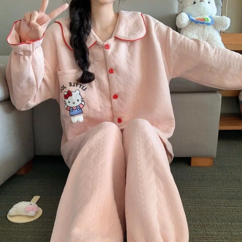 Ar algodão hellokitty pijamas meninas outono inverno sanduíche grosso quente cardigan dos desenhos animados bonito estilo quente roupas de casa conjunto de duas peças