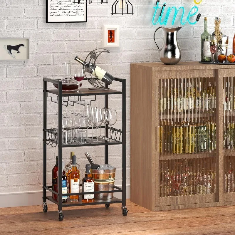 Bar Cart for The Home, 3 Tier Small Drink Serving Cart on Wheels with Glass Holder, Mini Beverage Utility Cart