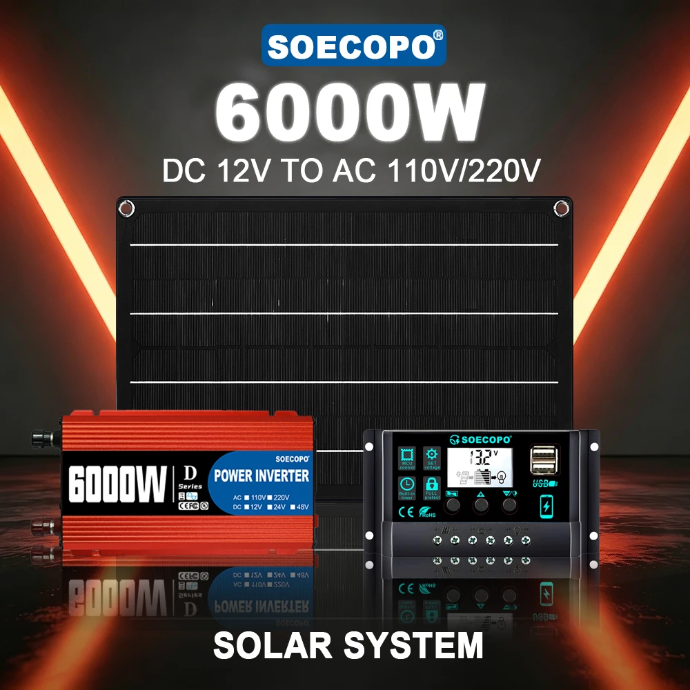 

Portable Power SOECOPO 6000W Complete Solar Generator Kit Inverter 600W Panel 100A Controller Emergency Use for Orchard Fishing