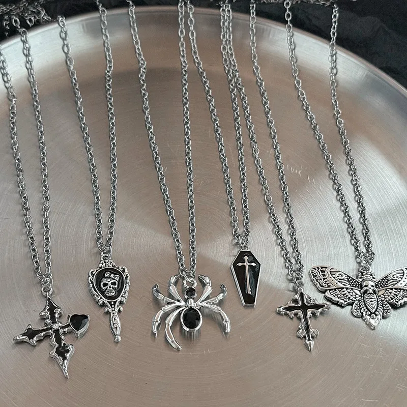 Harajuku Black Gothic Bat Spider Cross Pendant Necklace Unisex