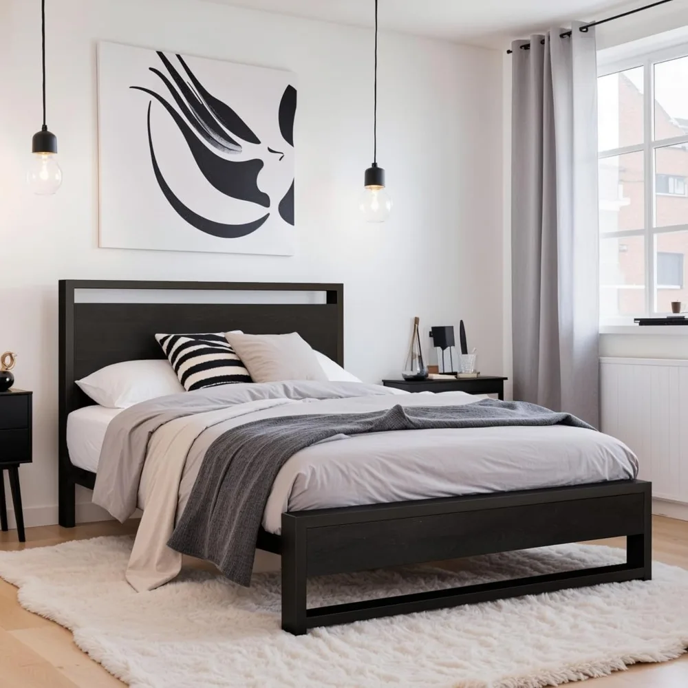 

SHA CERLIN Twin Size Bed Frame with Wooden Headboard,Heavy Duty Metal Slats Support Platform,No Box Spring Needed,Modern Black