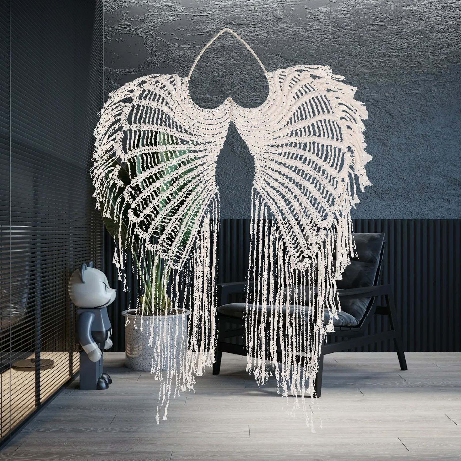 Handwoven Macrame Angel Wing Wall Hanging Tapestry Bohemian Fringe Pendant for Living Room Bedroom Decor