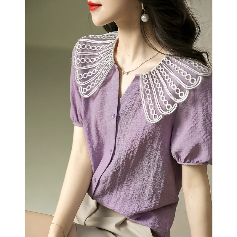 Fashion Women\'s Lace Design Jacquard Single Breasted Shirt Turn-down Collar Solid Color Crumpled Hollow Out Short Sleeve Blouse